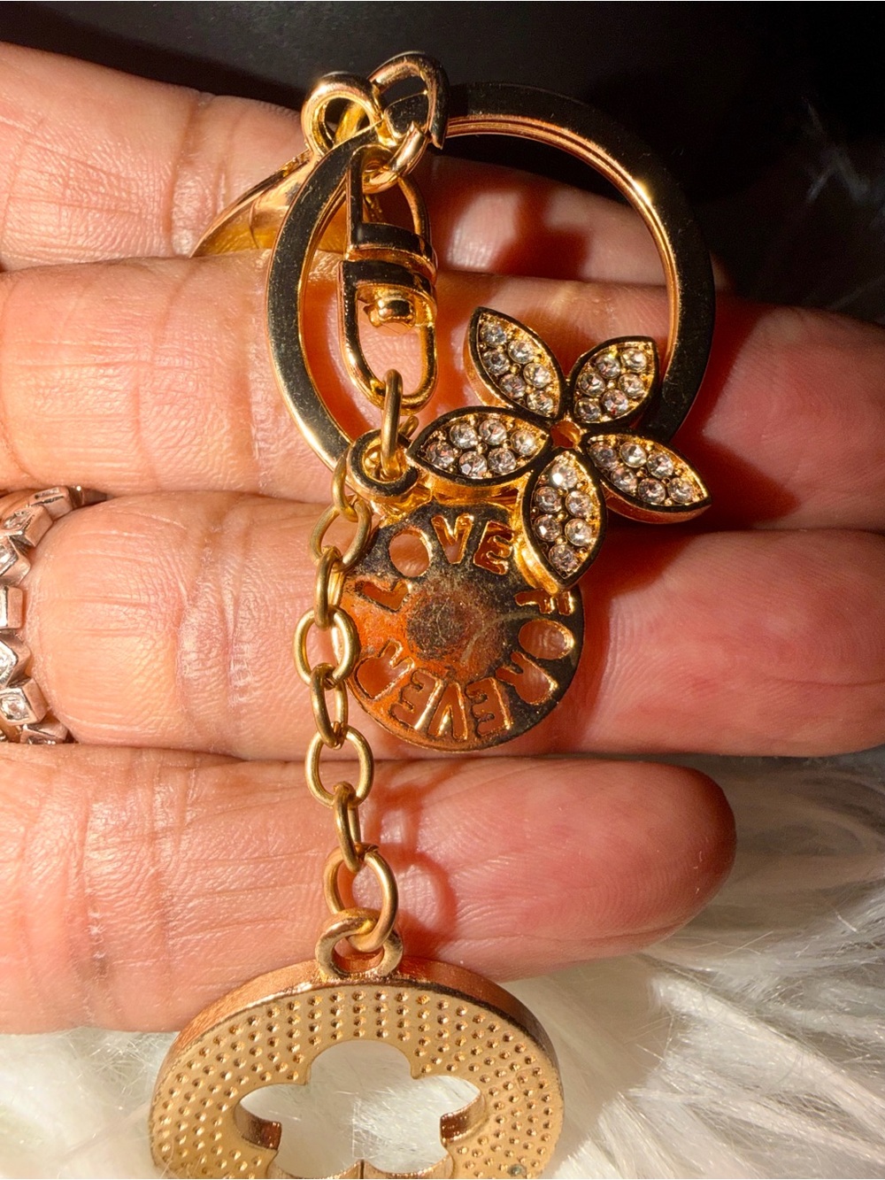 Floral Clover Bag Charm Keychain in Gold & White Like New